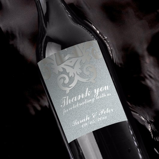 Elegant  Baroque Silver Damask Wedding Wijn Etiket
