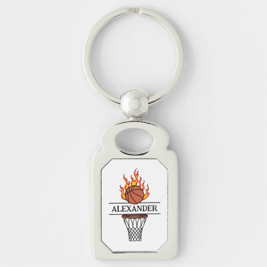 Elegant basketbal met vlam gepersonaliseerde naam sleutelhanger (Voorkant)