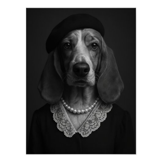 Elegant Basset Hound Lady with Beret and Pearl Perfect Poster (Voorkant)