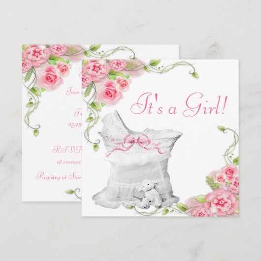 Elegant Bassinet Roze Roos Baby shower Kaart (Voorkant / Achterkant)