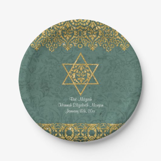 Elegant Bat Mitzvah Celebration Party Gold Glitter Papieren Bordje (Voorkant)