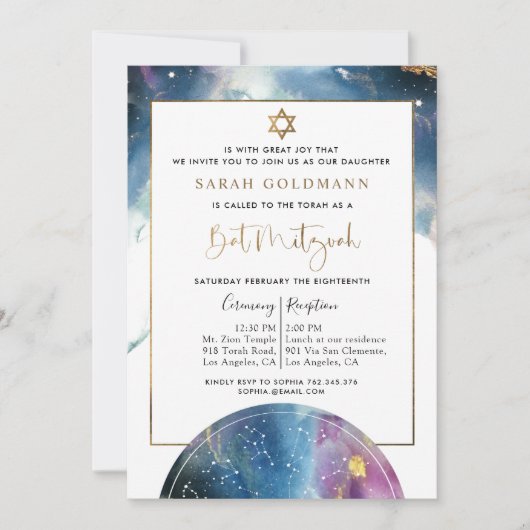 Elegant Bat Mitzvah Celestial Waterverf Kaart (Voorkant)