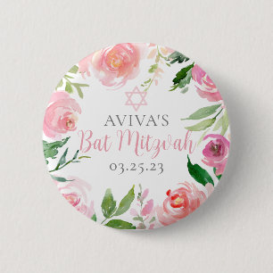 Elegant Bat Mitzvah Feest Persoonlijke Roze Bloeme Ronde Button 5,7 Cm