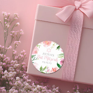 Elegant Bat Mitzvah-feest Persoonlijke Roze Bloeme Ronde Sticker
