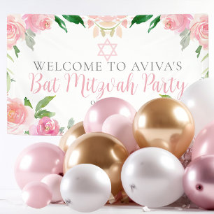 Elegant Bat Mitzvah-feestje met roze bloemen Spandoek