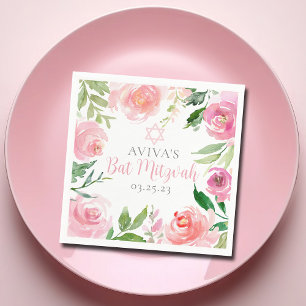 Elegant Bat Mitzvah-feestje Persoonlijke Roze Bloe Servet