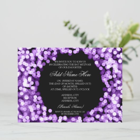 Elegant Bat Mitzvah Paarse Sparkly Lights Kaart (Staand voorkant)
