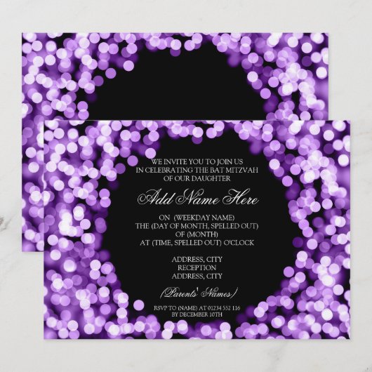 Elegant Bat Mitzvah Paarse Sparkly Lights Kaart (Voorkant / Achterkant)