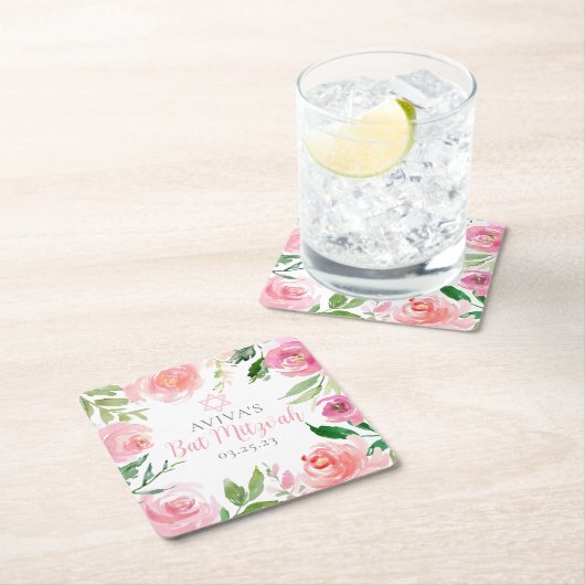Elegant Bat Mitzvah Party Personalized Pink Floral Kartonnen Onderzetters (Insitu)