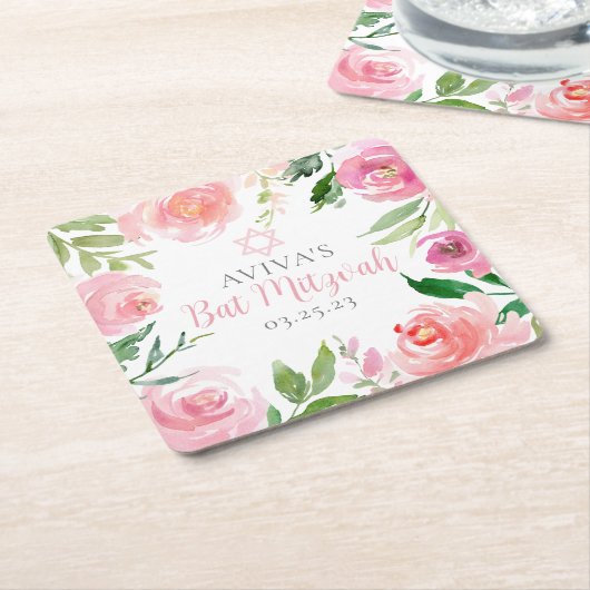 Elegant Bat Mitzvah Party Personalized Pink Floral Kartonnen Onderzetters (Schuin)