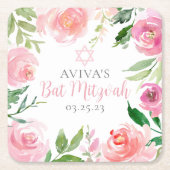 Elegant Bat Mitzvah Party Personalized Pink Floral Kartonnen Onderzetters (Voorkant)