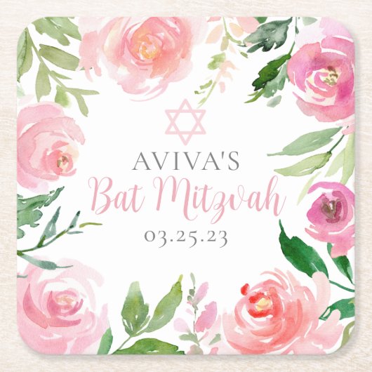 Elegant Bat Mitzvah Party Personalized Pink Floral Kartonnen Onderzetters (Voorkant)