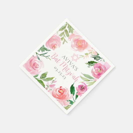 Elegant Bat Mitzvah Party Personalized Pink Floral Servet (Hoek)
