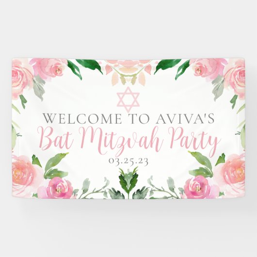 Elegant Bat Mitzvah Party Personalized Pink Floral Spandoek (Horizontaal)