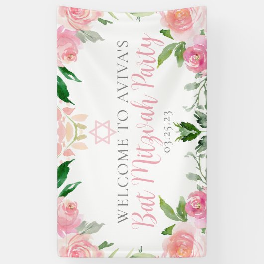 Elegant Bat Mitzvah Party Personalized Pink Floral Spandoek (Verticaal)