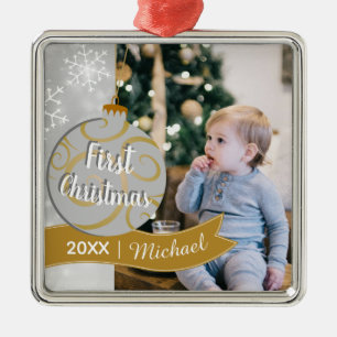 Elegant Bauble Baby's eerste kerstfoto Metalen Ornament