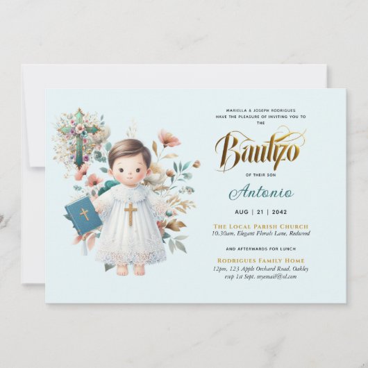 Elegant BAUTIZO Blauwgroen Blauw Goud Bloemen Krui Kaart (Voorkant)