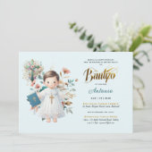 Elegant BAUTIZO Blauwgroen Blauw Goud Bloemen Krui Kaart (Staand voorkant)