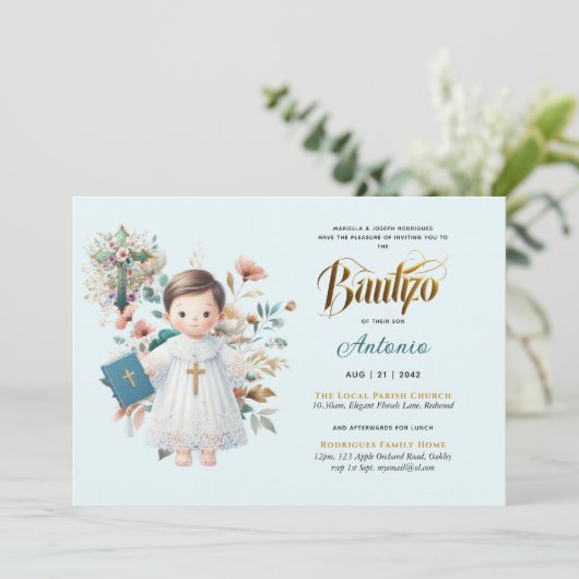 Elegant BAUTIZO Blauwgroen Blauw Goud Bloemen Krui Kaart (Staand voorkant)