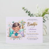 Elegant BAUTIZO Lila Goud Bloemen Kruis Kaart (Staand voorkant)