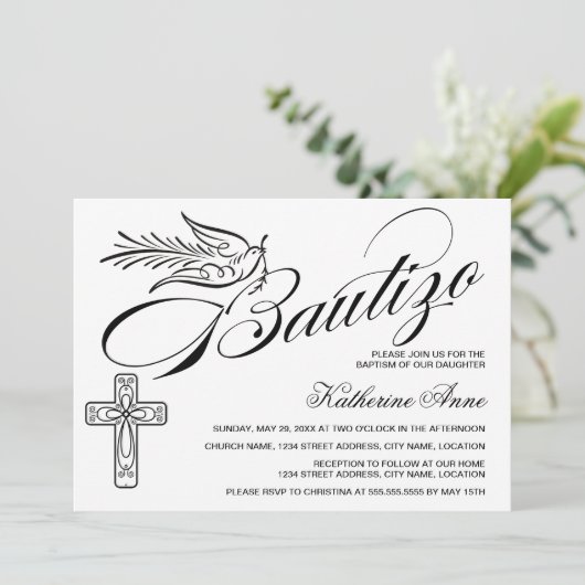 Elegant Bautizo  Script Cross en Dove Kaart (Staand voorkant)