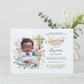 Elegant BAUTIZO Zwart Baby Turquoise Gouden Bloeme Kaart (Staand voorkant)