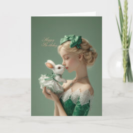 Elegant BDay Card with Lady & White Bunny in Lace Kaart