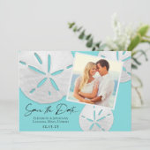 Elegant Beach Blauwgroen White Sand Dollars Foto Save The Date (Staand voorkant)