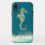Elegant Beach Botanical Seahorse Blue Case-Mate iPhone Case<br><div class="desc">Elegant waterverf tropisch eilandje botanisch zeepaardje met zandstrand accent,  gepersonaliseerd met naam,  diep oceaanblauw iPhone case.</div>