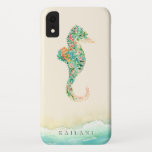 Elegant Beach Botanisch Seahorse Case-Mate iPhone Case<br><div class="desc">Elegant waterverf tropisch eilandje botanisch zeepaard met zandig strandaccent,  gepersonaliseerd met naam,  zandy beige iPhone case.</div>