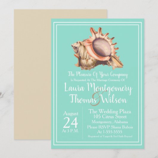 Elegant Beach Conch Shell Wedding Kaart (Voorkant / Achterkant)
