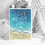 Elegant Beach-kerstfeestkaart Feestdagenkaart<br><div class="desc">Warm tropisch strand met kerstkaarten met een prachtige waterverf van gouden zand en de aqua blauwe oceaan,  de woorden 'liefde,  vrede,  vreugde',  je seizoensgroeten en familienaam.</div>