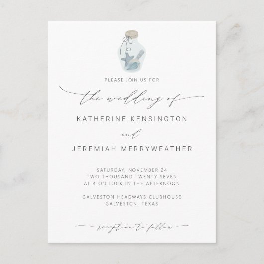 Elegant Beach Seashell Modern Calligraphy Wedding Uitnodiging Briefkaart (Voorkant)