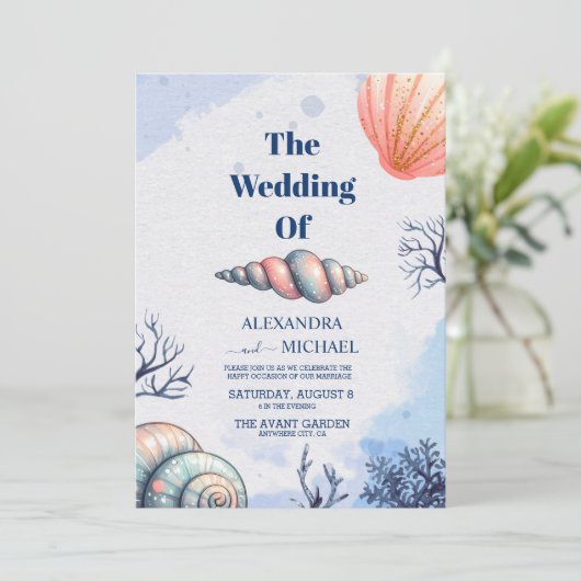Elegant Beach Seashell Modern Script Weddenschap Kaart (Staand voorkant)