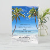 Elegant Beach String Lights Modern Script Weddensc Kaart (Staand voorkant)