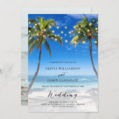 Elegant Beach String Lights Modern Script Weddensc Kaart (Voorkant / Achterkant)