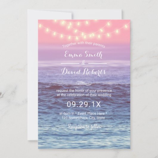 Elegant Beach String Lights Tropical Wedding Kaart (Voorkant)
