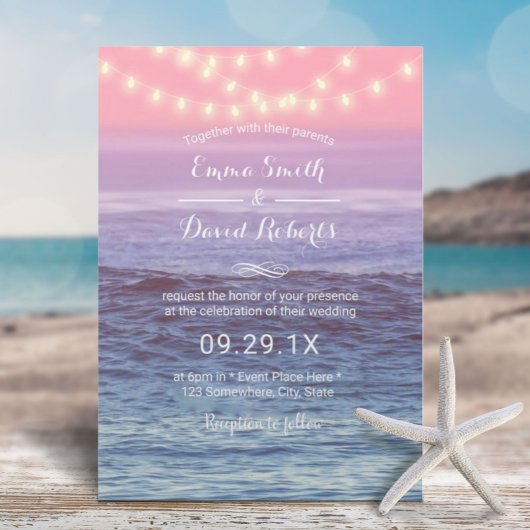 Elegant Beach String Lights Tropical Wedding Kaart