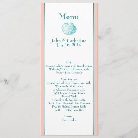 Elegant Beach Theme Zee Shell Wedding Table Menu (Voorkant)