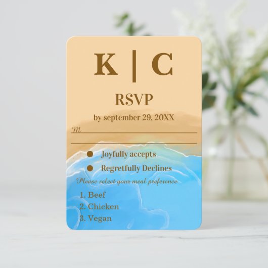 Elegant Beach Watercolor wedding rsvp card (Staand voorkant)