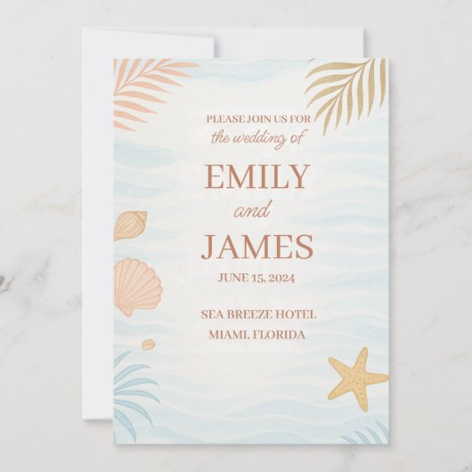 Elegant Beach Wedding Invitation, Pastel Coral  Kaart (Voorkant)