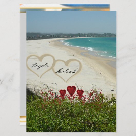 Elegant Beach Wedding Invitation Red Hearts Kaart (Voorkant / Achterkant)