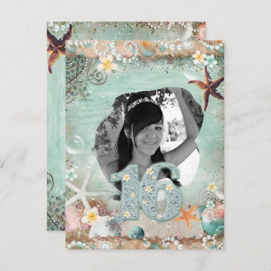 Elegant Beach Zee Starfish Pearls 16e 16e verjaard Aankondigingskaart (Voorkant / Achterkant)