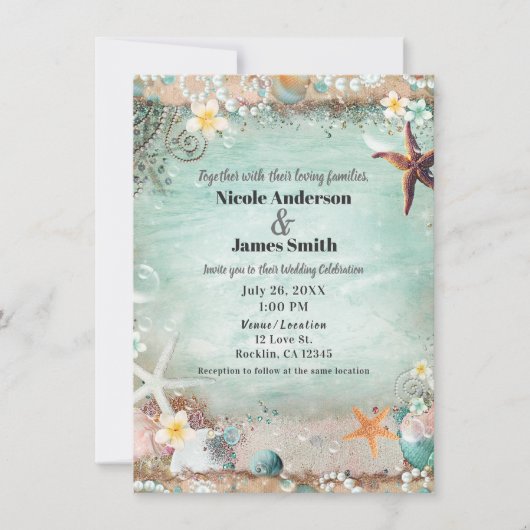 Elegant Beach Zee Starfish & Pearls Beachy Wedding Kaart (Voorkant)