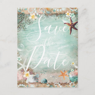 Elegant Beach Zee Starfish & Pearls Save the Date Aankondigingskaart