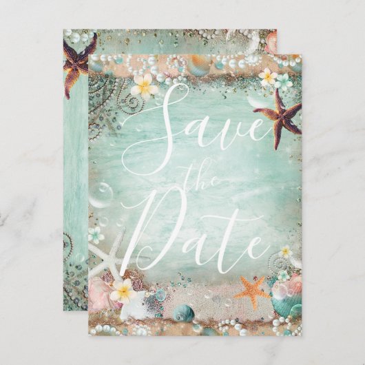 Elegant Beach Zee Starfish & Pearls Save the Date Aankondigingskaart (Voorkant / Achterkant)