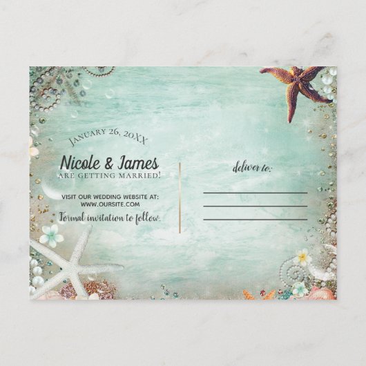Elegant Beach Zee Starfish & Pearls Save the Date Aankondigingskaart (Achterkant)