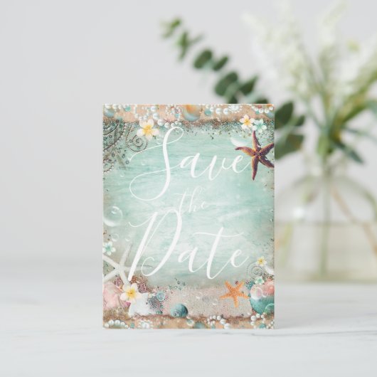 Elegant Beach Zee Starfish & Pearls Save the Date Aankondigingskaart (Staand voorkant)