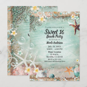 Elegant Beach Zee Starfish & Pearls Sweet 16 Party Kaart