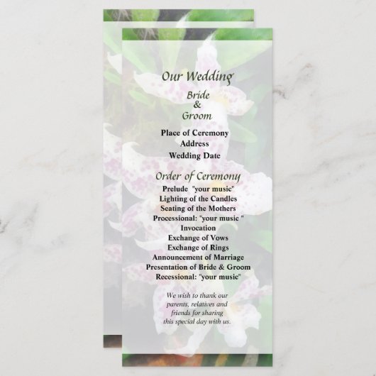 Elegant Beallara Orchids Wedding Programme Programmakaart (Voorkant / Achterkant)